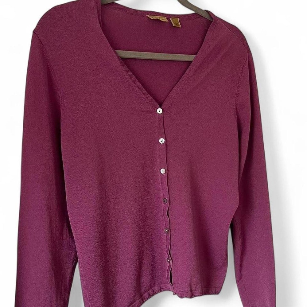 Caslon Women Purple Pink Button Up Cardigan V-Neck Scallop Trim Sweater Large